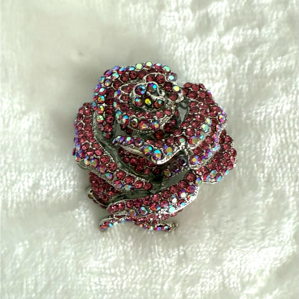 Elegant Pink Rhinestone Rose Brooch NWOT